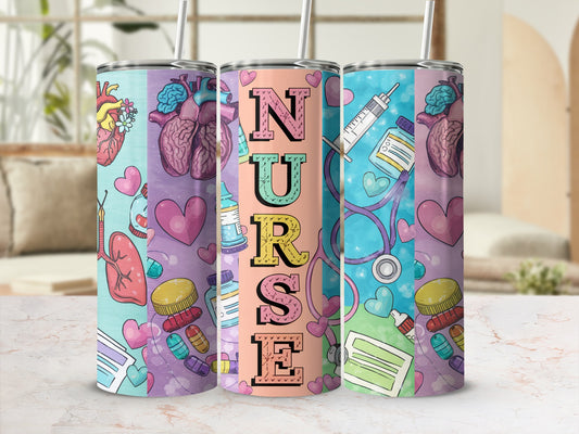 Three tumblers with medical heart and nurse designs.
