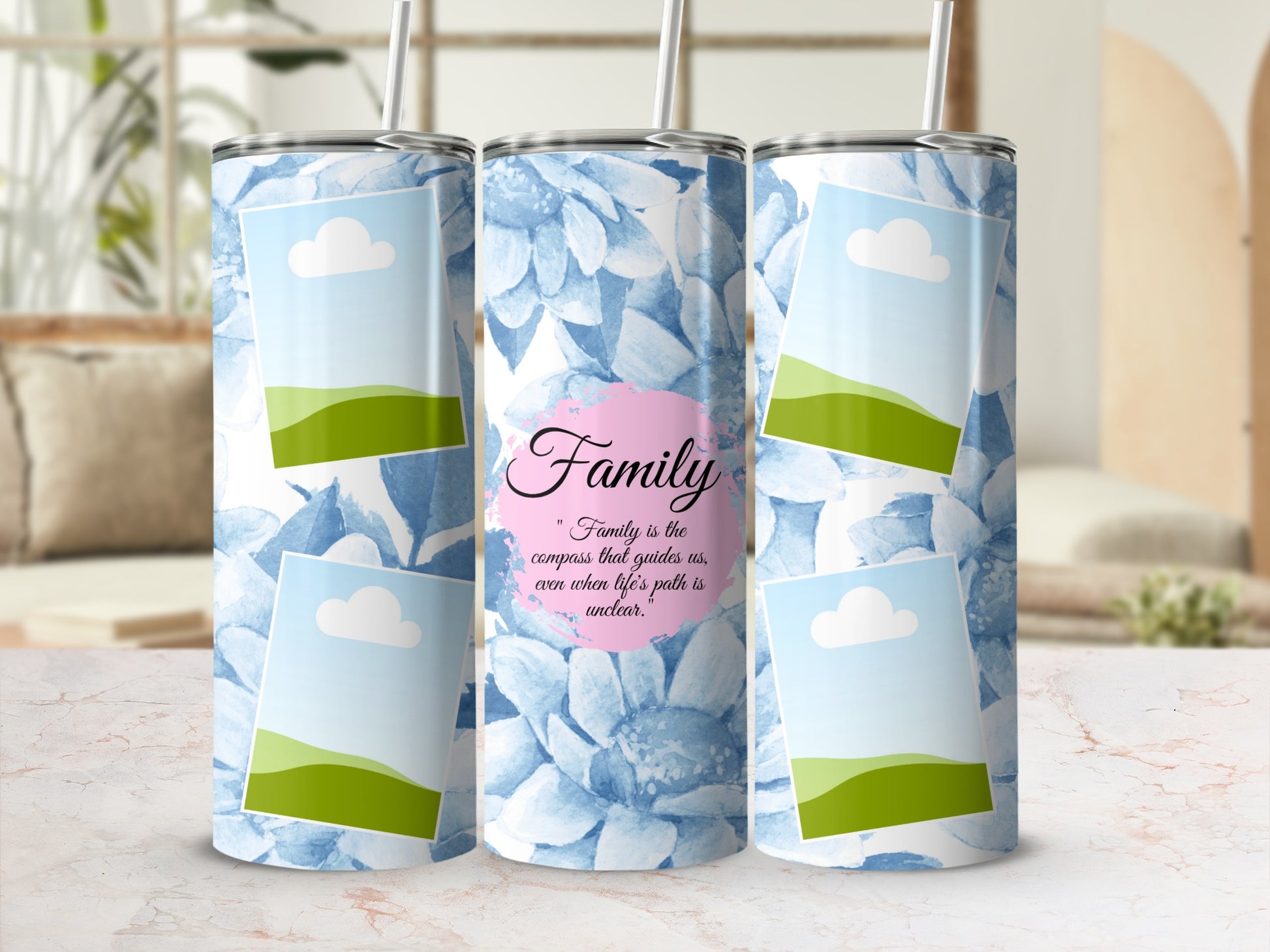Tumblers with blue floral design and family quote.