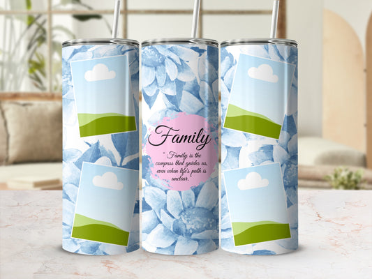 Tumblers with blue floral design and family quote.