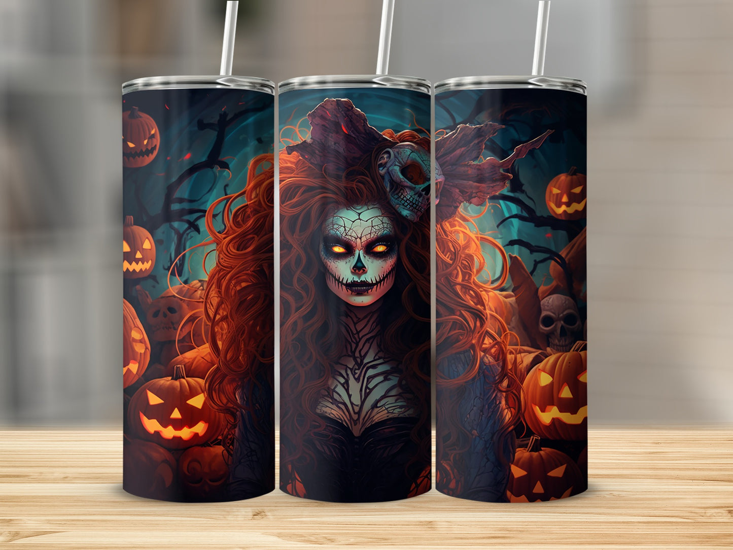 Spooky Halloween Skull and Pumpkins Tumbler