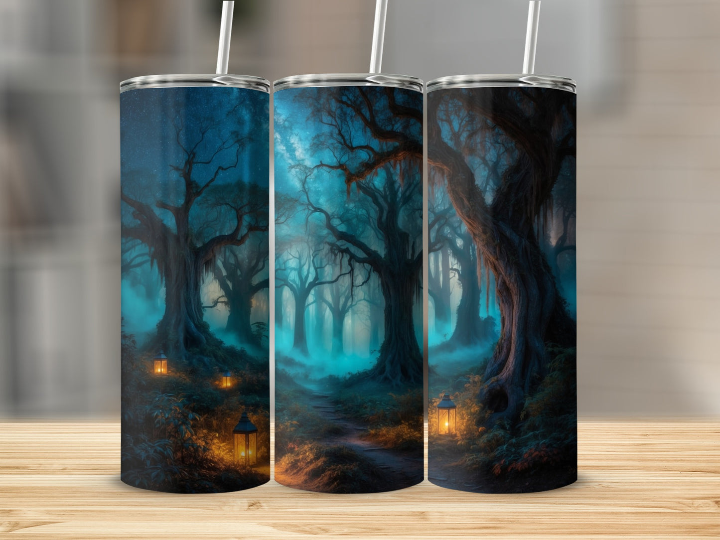 Mystical forest scene with glowing lanterns and ancient trees on three tumblers.