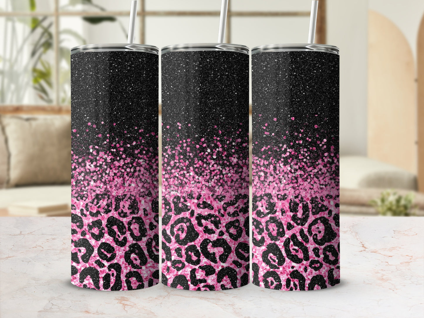 Black and Pink Glitter Leopard Print Tumbler Product