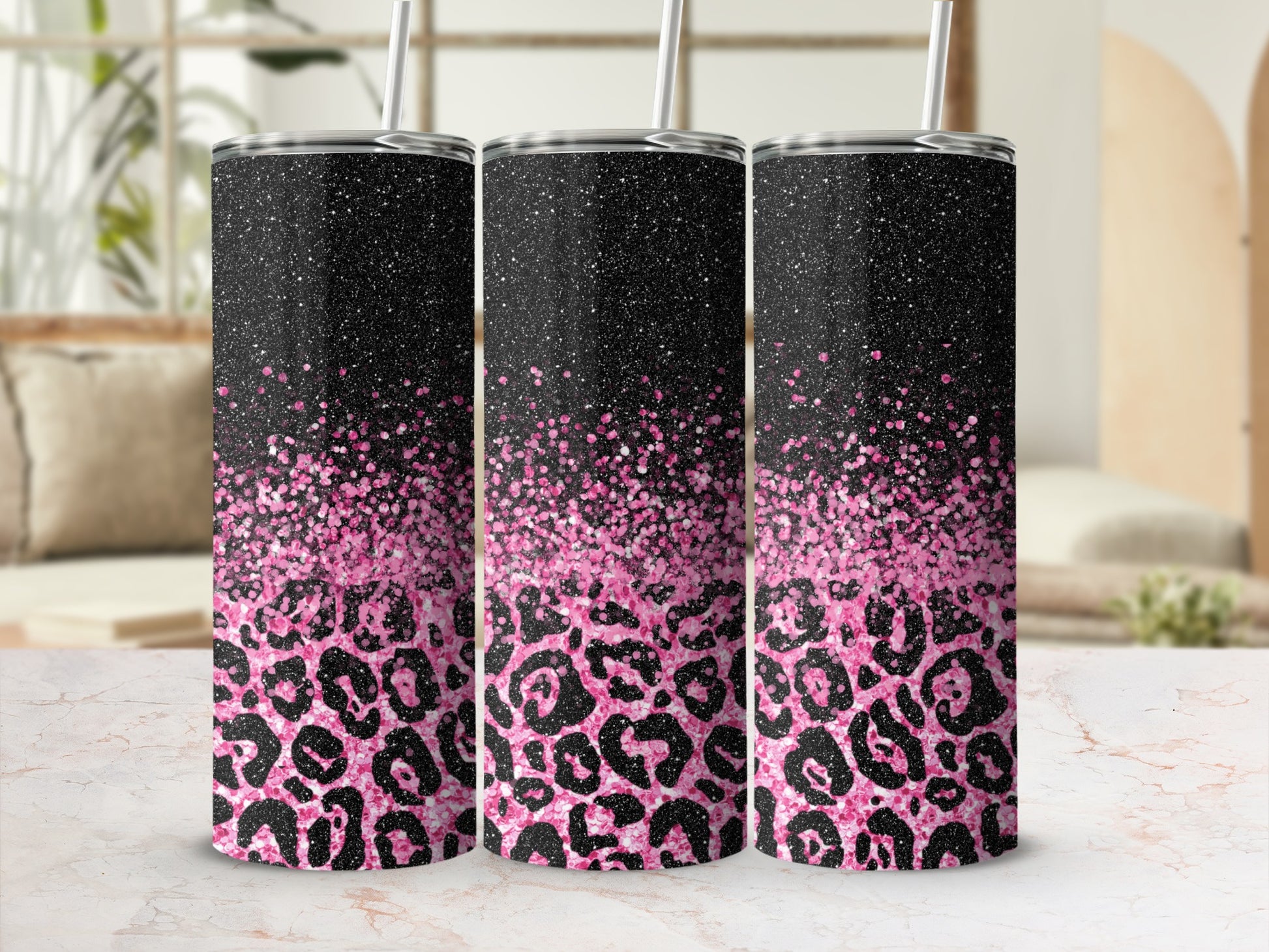 Black and Pink Glitter Leopard Print Tumbler Product