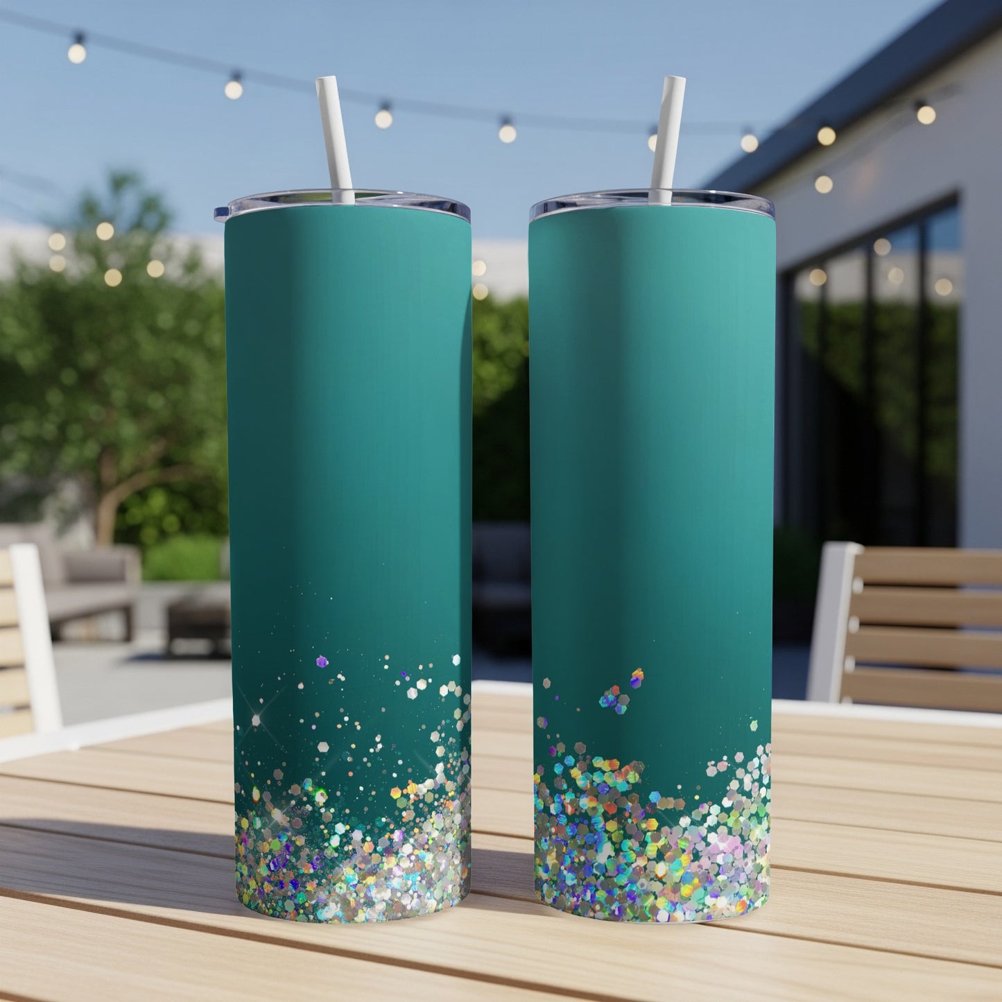 Two teal tumblers with glitter accents and straws on a table.