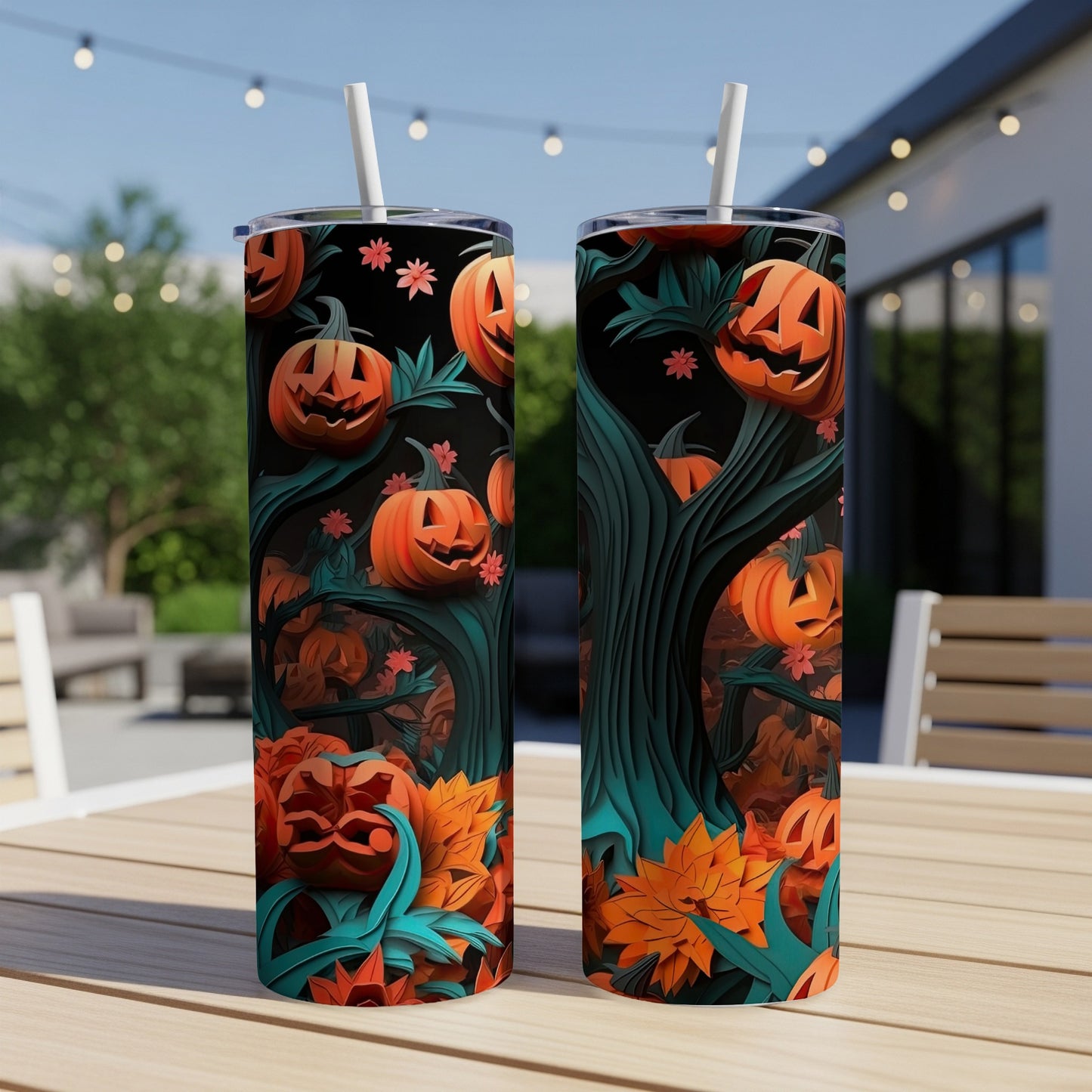 Two tumblers with a Halloween pumpkin and leaf pattern.