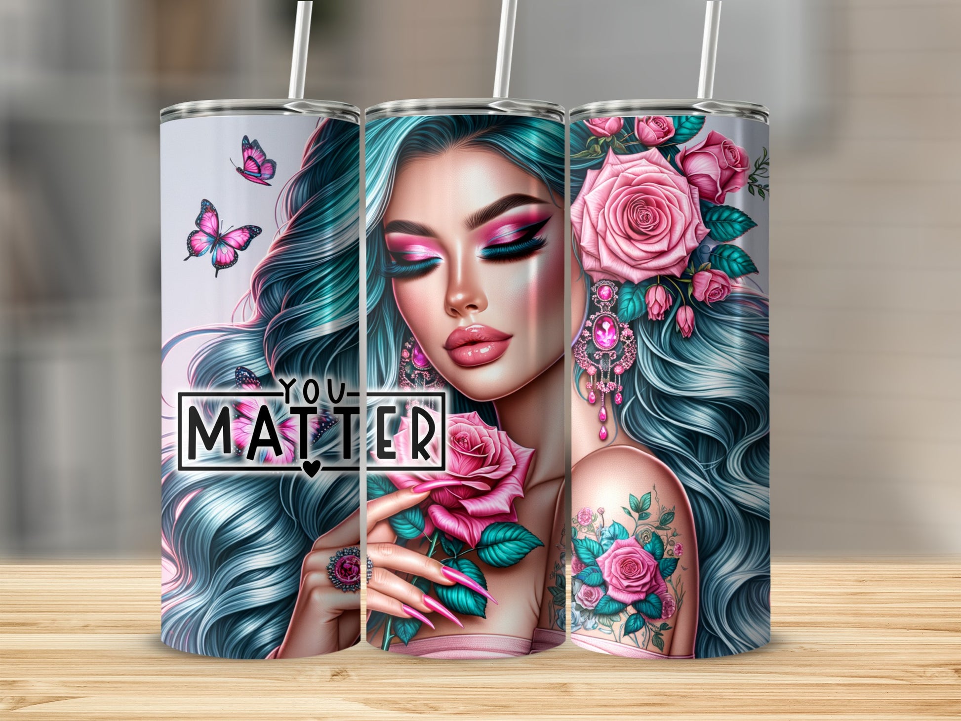 Tumbler with pink roses and butterflies on teal hair woman.