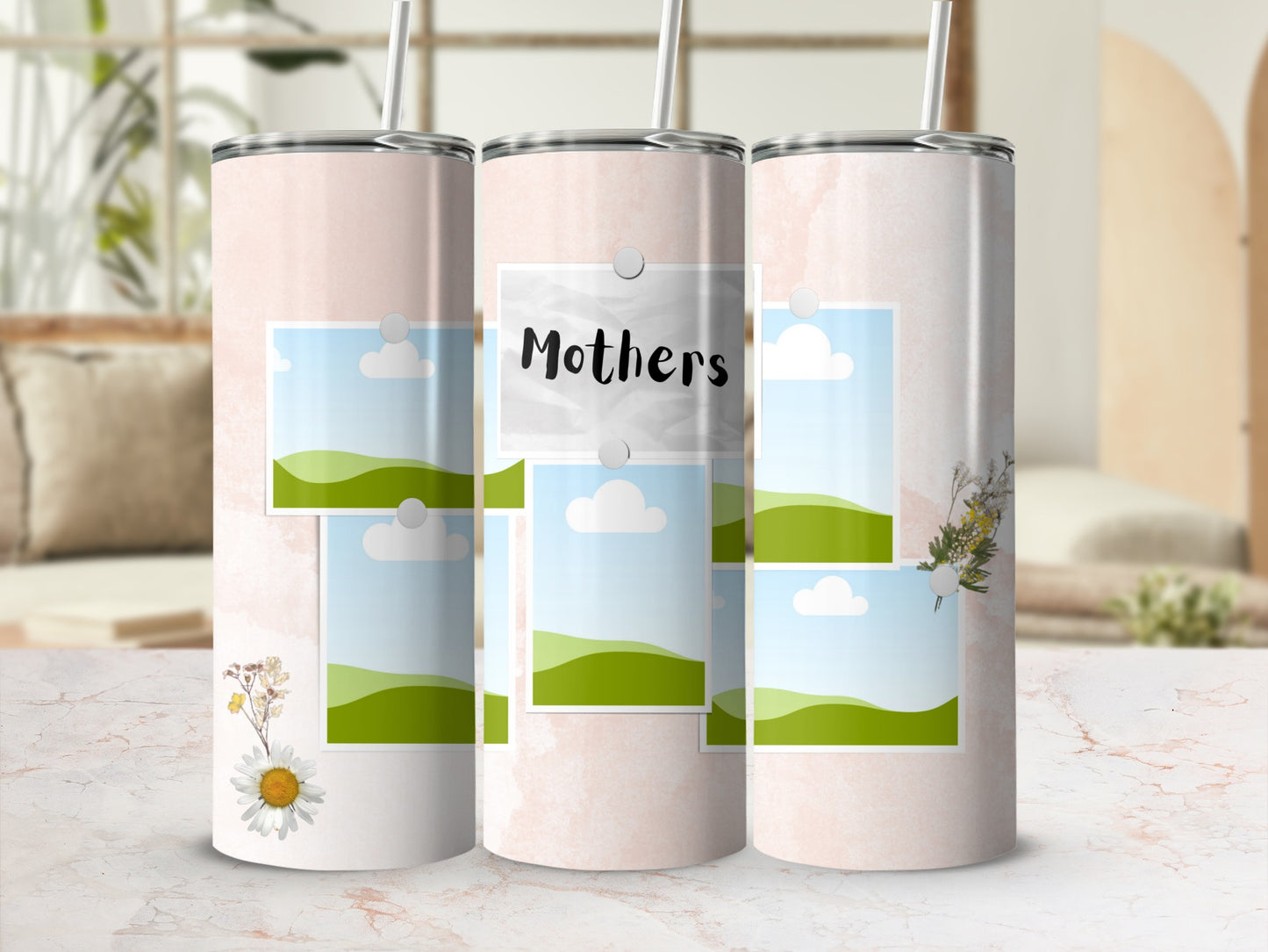 Three tumblers with a watercolor texture, photos, and the word "Mothers."