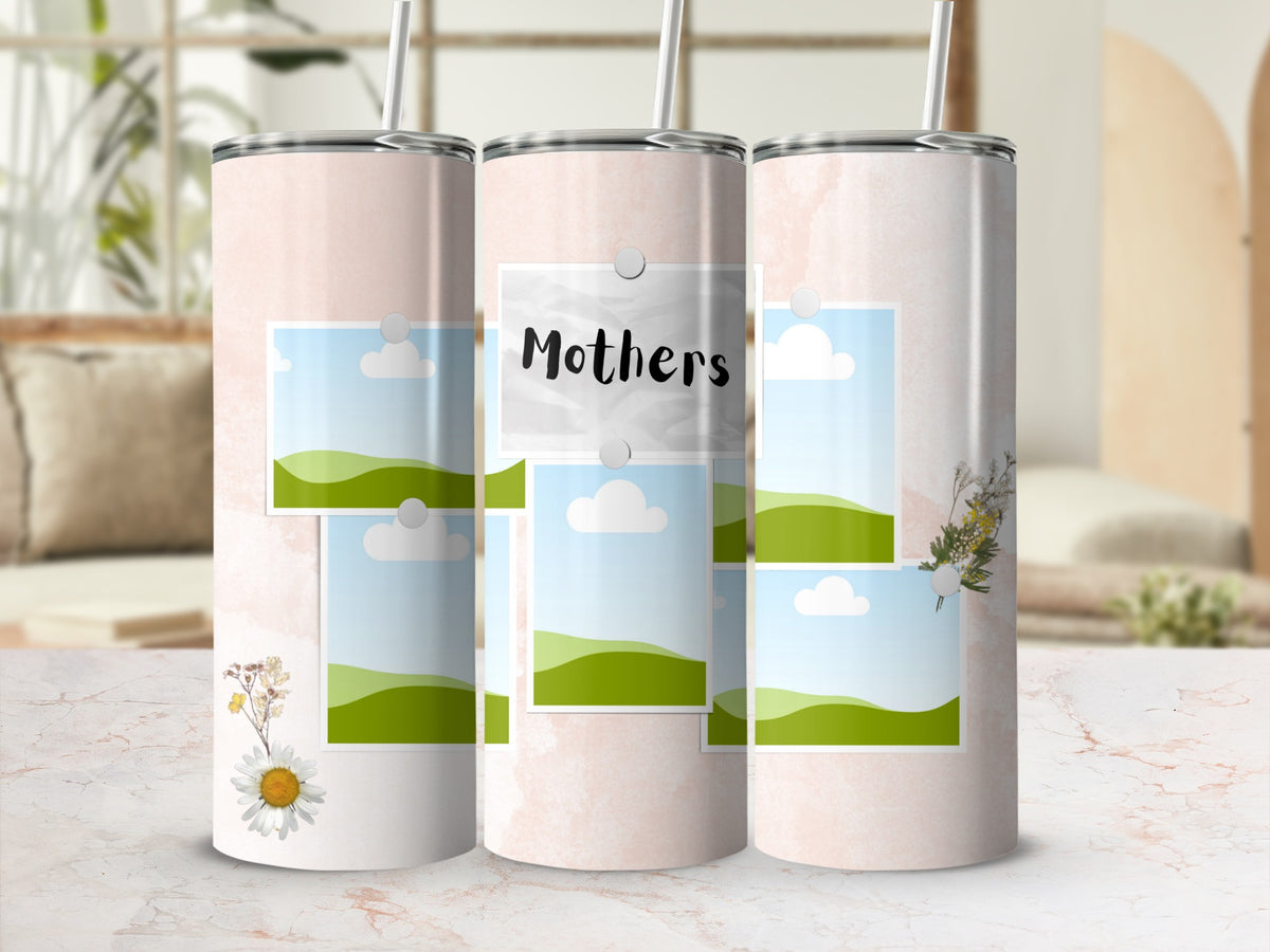 Three tumblers with a watercolor texture, photos, and the word "Mothers."