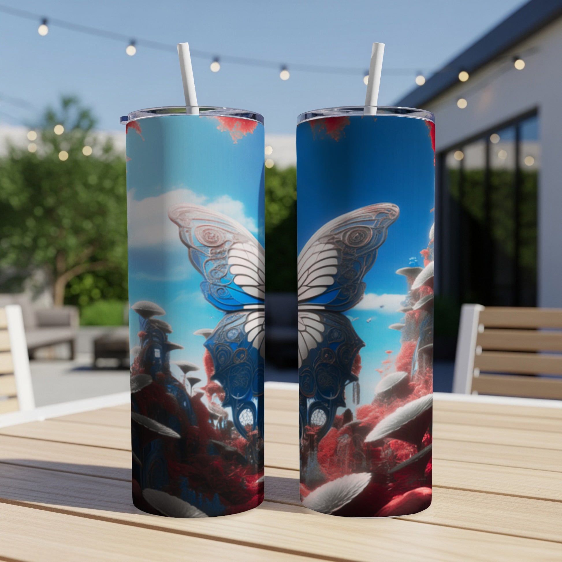 Two skinny tumblers with a fantasy butterfly and mushroom forest design.