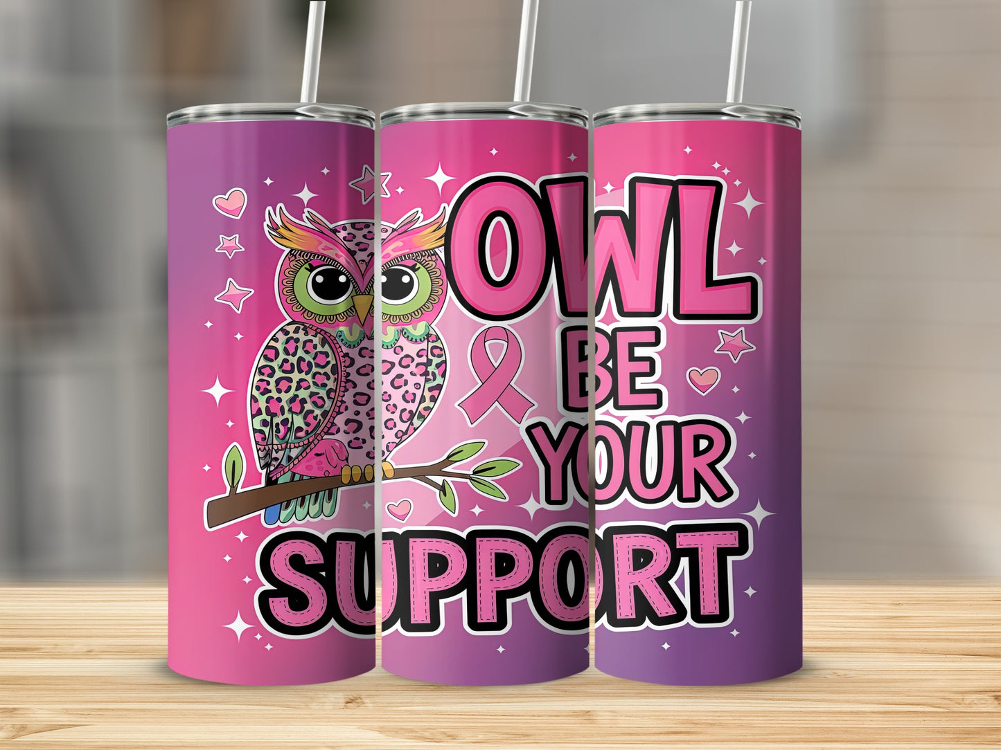 Pink owl with leopard print, breast cancer ribbon, and text "OWL BE YOUR SUPPORT".