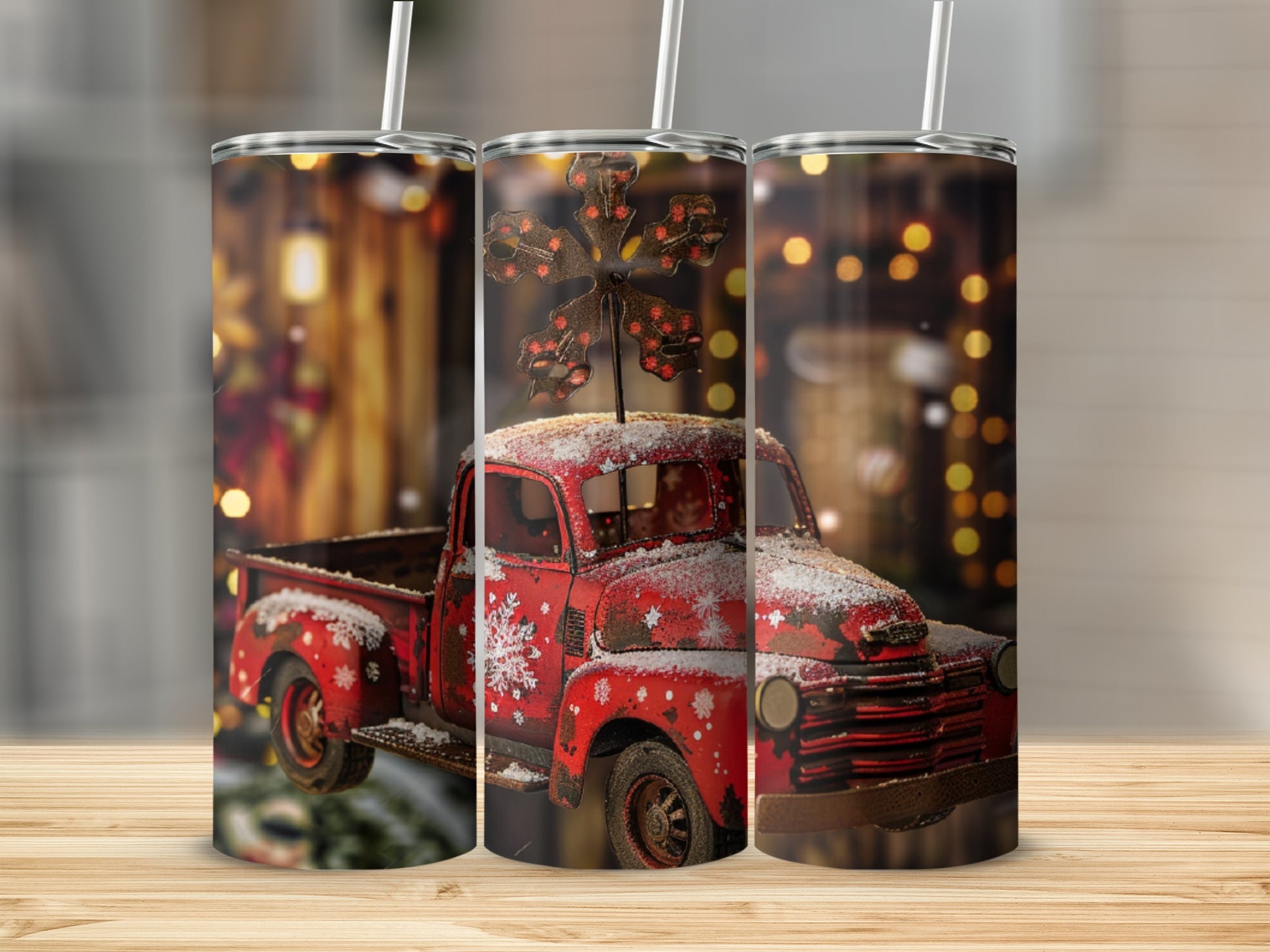 Red vintage truck with snowflakes, Christmas lights, and metal spinner on wood background.