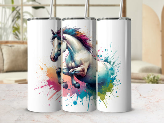 White horse with rainbow mane on abstract paint splatters tumbler.