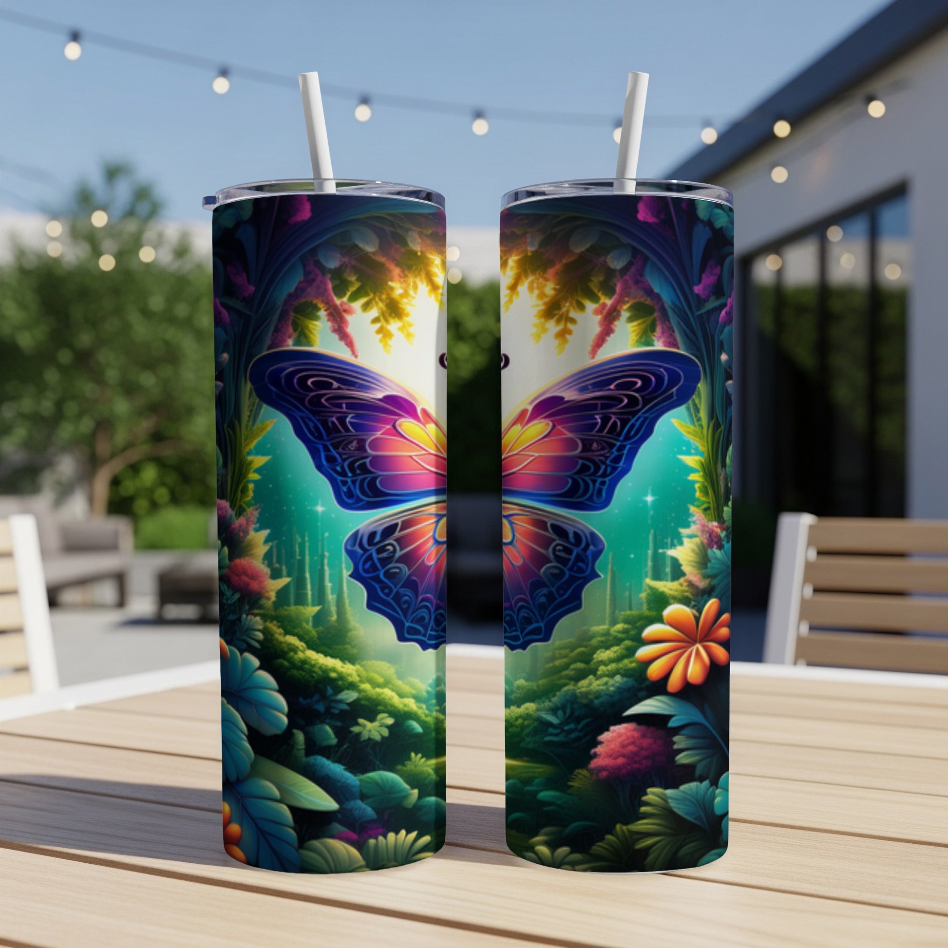 Two tall tumblers with a vibrant butterfly and jungle scene design.