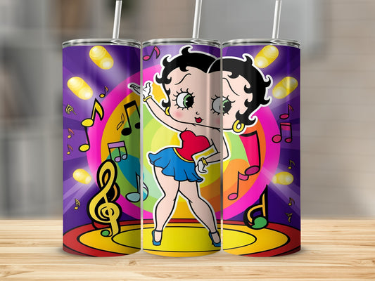 Betty Boop dancing on a colorful stage with musical notes.