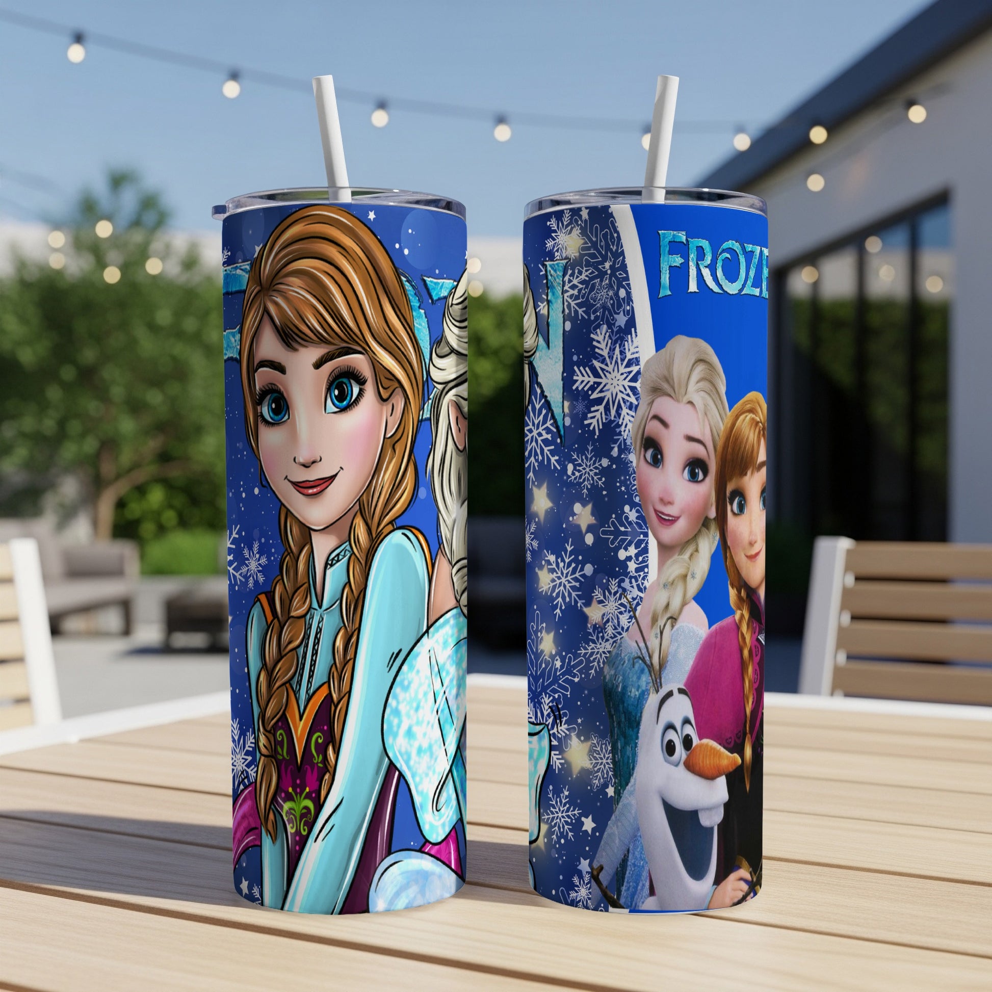 Frozen Elsa and Anna with Olaf on blue patterned tumblers.