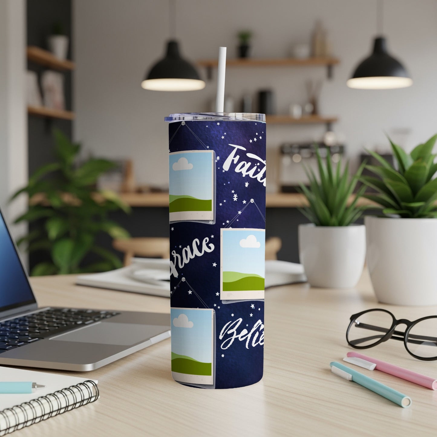 Tumbler with "Faith, Grace, Believe" text and photo placeholders on a navy background.