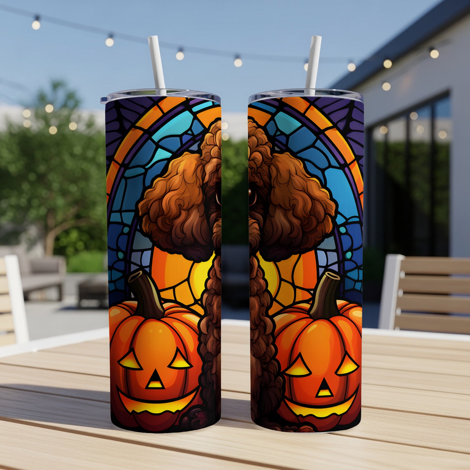 Two tumblers with stained glass-style Halloween art of a poodle and jack-o'-lanterns.