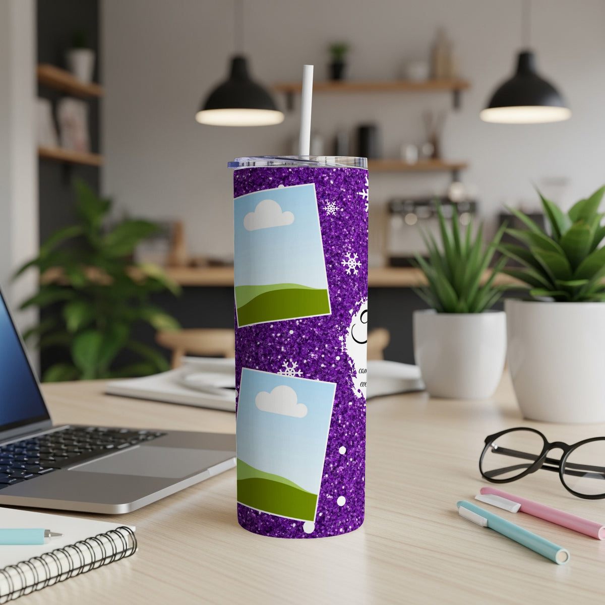 Purple glitter tumbler with placeholder photo frames and snowflakes.