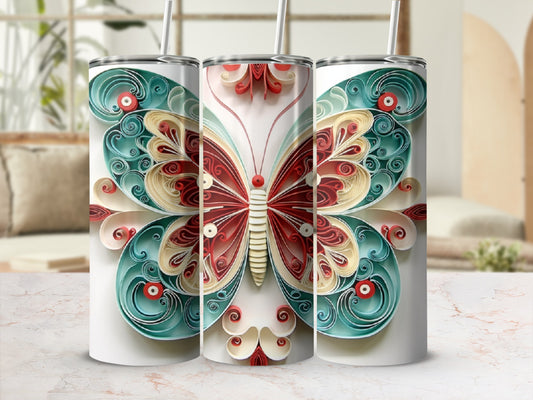 Three tumblers with a red and teal quilled butterfly design.