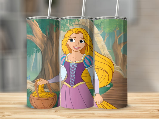 Rapunzel holding a basket of gold coins, walking on a path.
