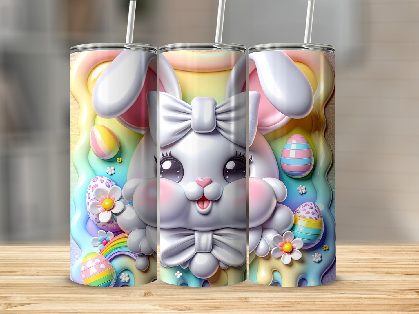 Easter bunny tumbler with colorful eggs and rainbows.