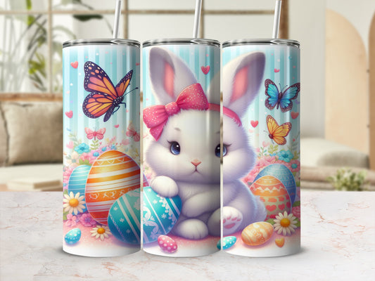 Easter bunny with butterflies and colorful eggs on striped background.