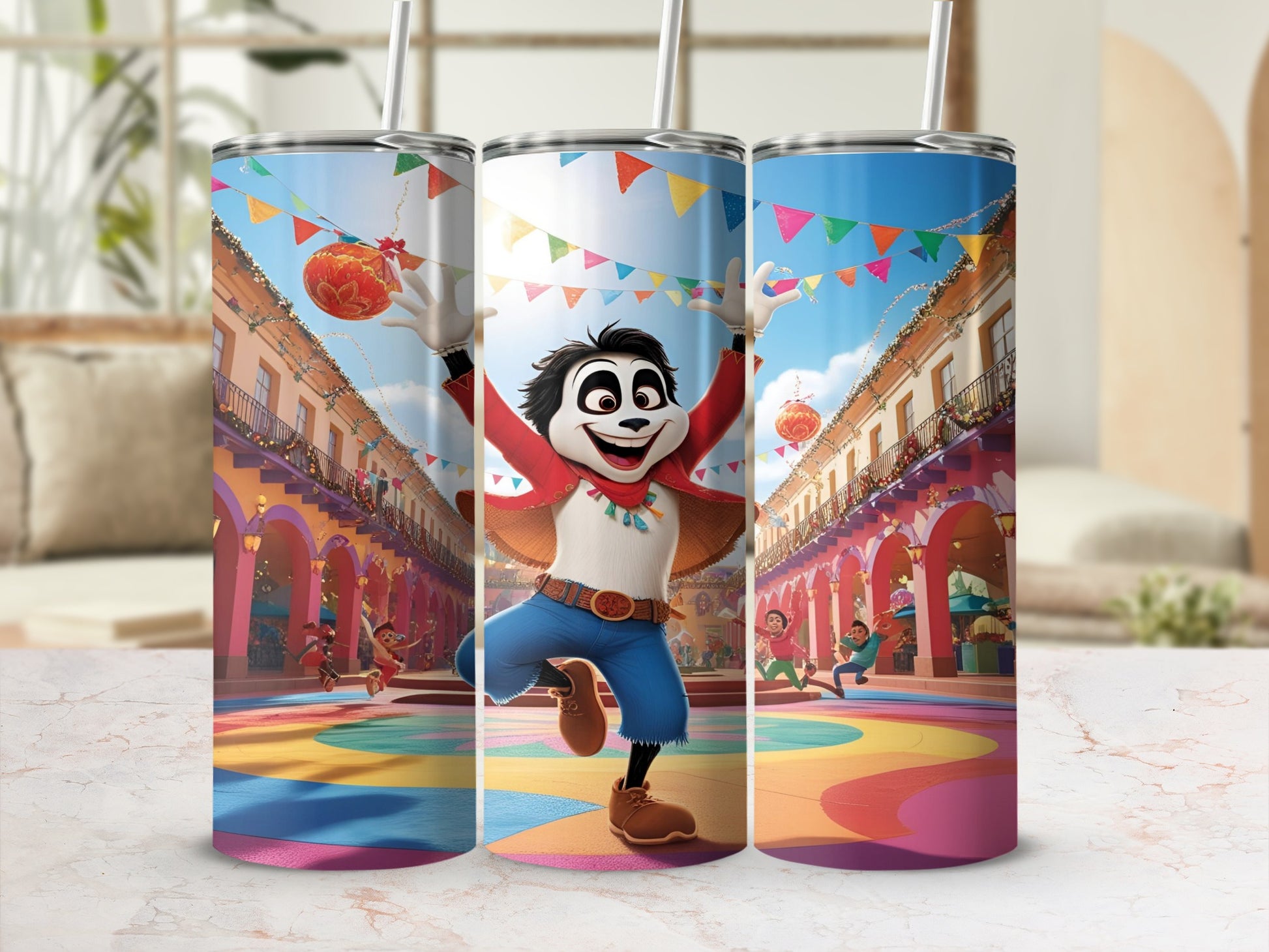 Animated panda character dancing in a colorful street festival.