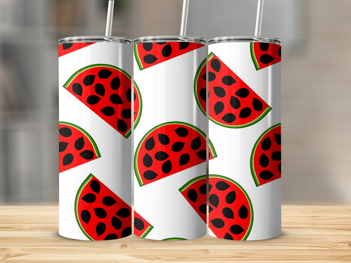 White tumblers with a repeating pattern of sliced watermelon.