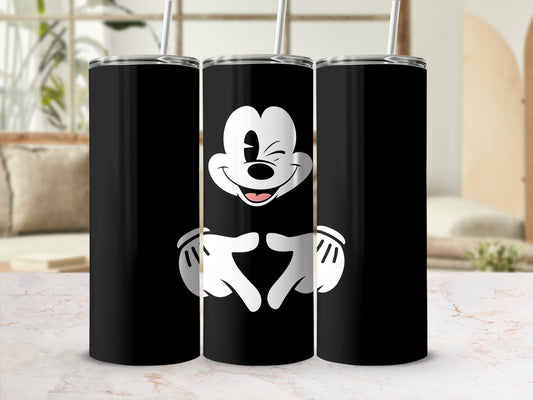 Black tumbler with Mickey Mouse winking, hands forming a heart shape.