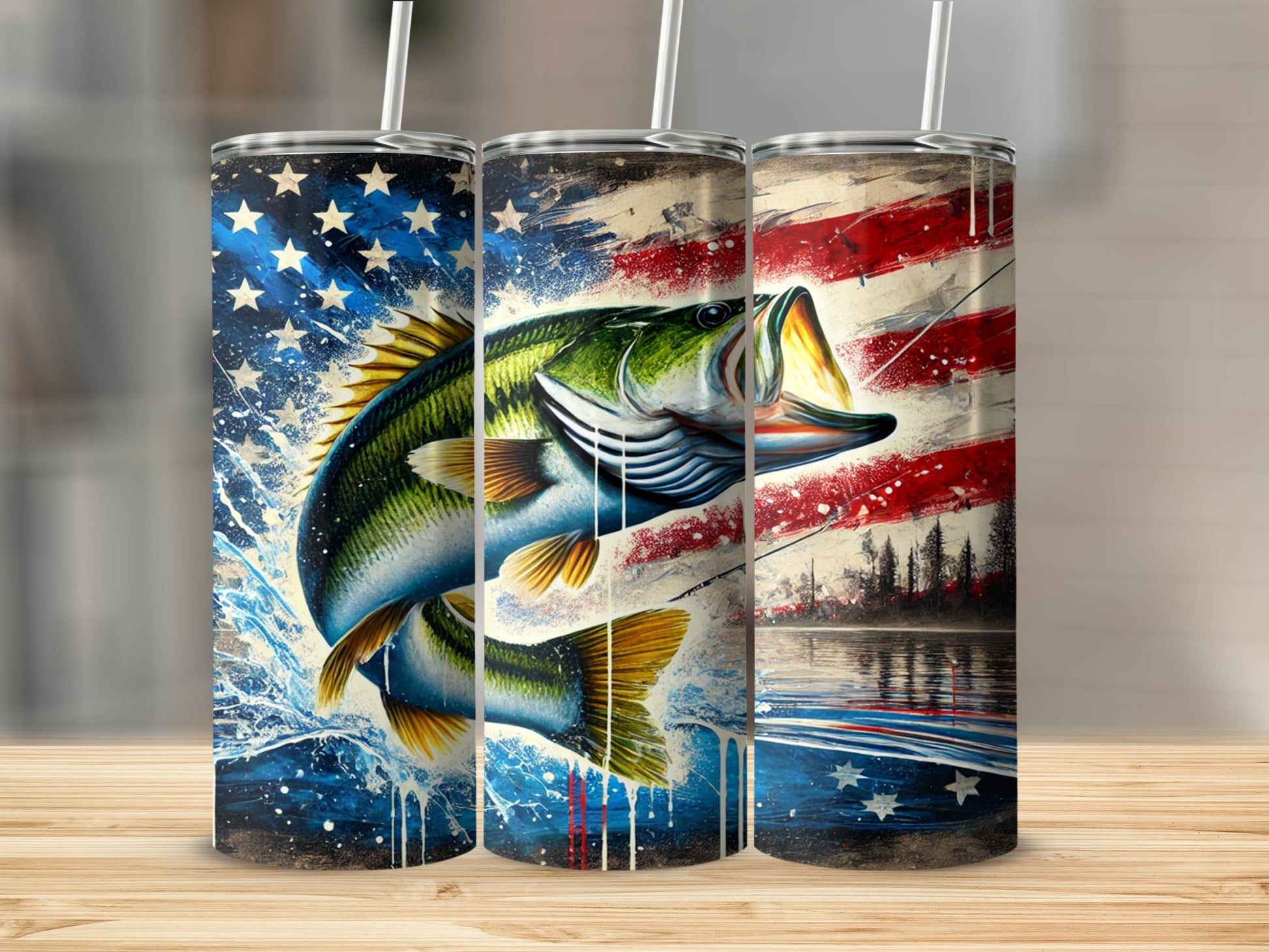 Bass Fish American Flag Themed Tumbler Collection