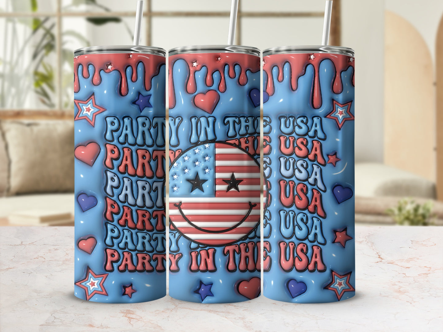 Tumbler with USA flag smiley face and "Party in the USA" text.