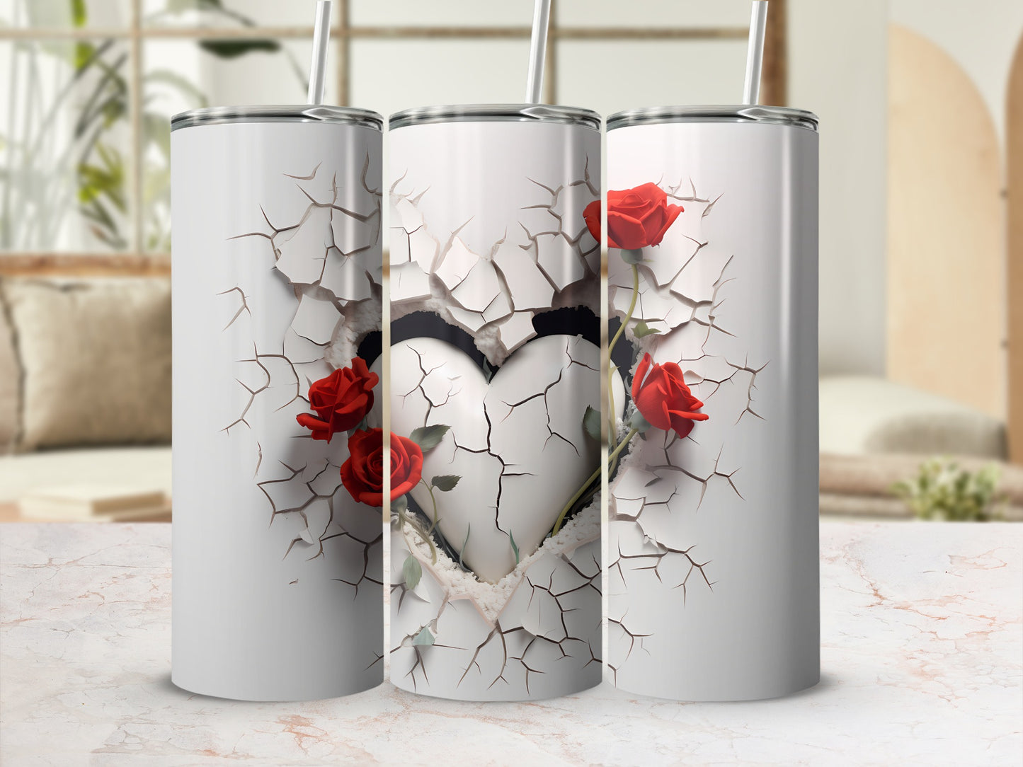 Heart and Red Roses Cracked Wall Art Tumbler Cup