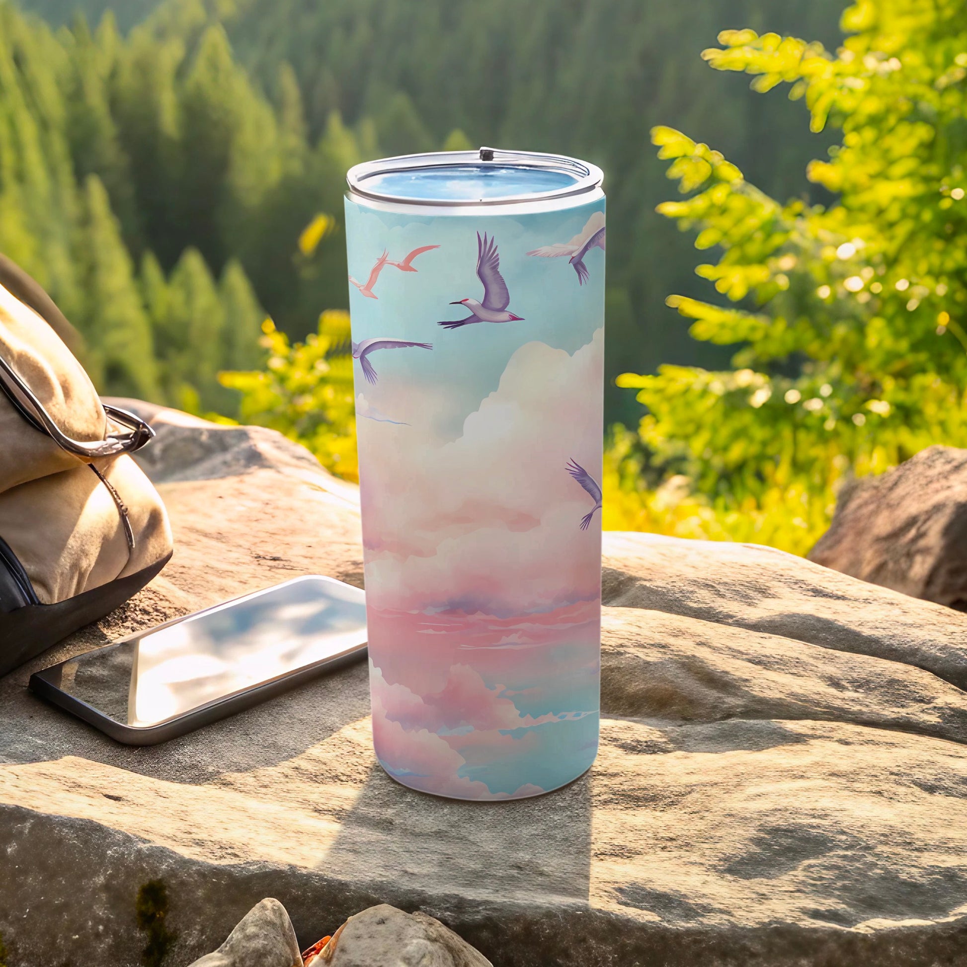 Dreamy Sky Birds Clouds Design Vibrant Tumbler product type
Tumbler, Drinkware, Bird design, Cloudscape, Sky art, Pastel colors, Pink clouds, Blue clouds, Flying birds, Nature inspired, Outdoor theme, Travel mug, Insulated cup, Beverage holder, Artistic design, Crane print, Aesthetic tumbler, Unique gift, Scenic art, Custom drinkware