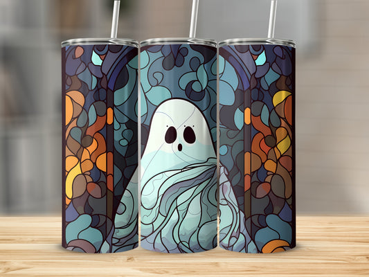 Three tumblers featuring a cartoon ghost in stained glass style.