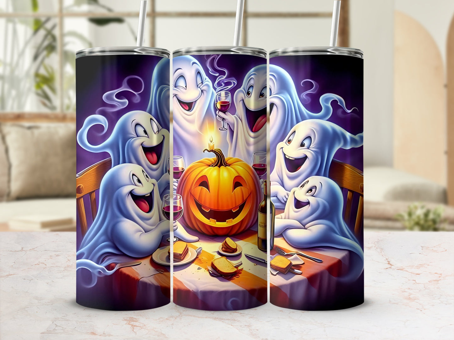 Ghosts and jack-o-lantern celebrate around a table with food and wine.