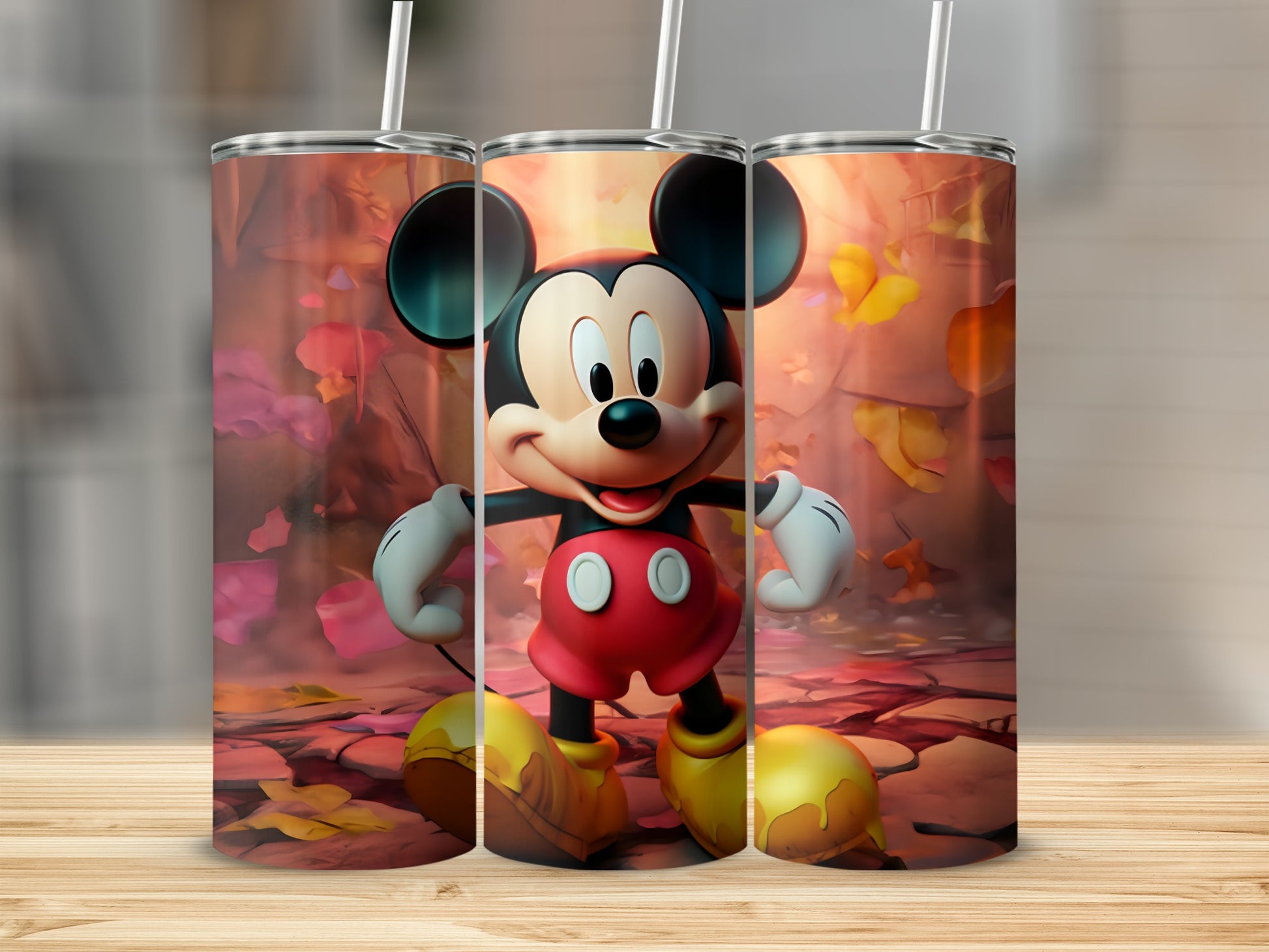 Mickey Mouse Autumn Background Tumbler With Straws