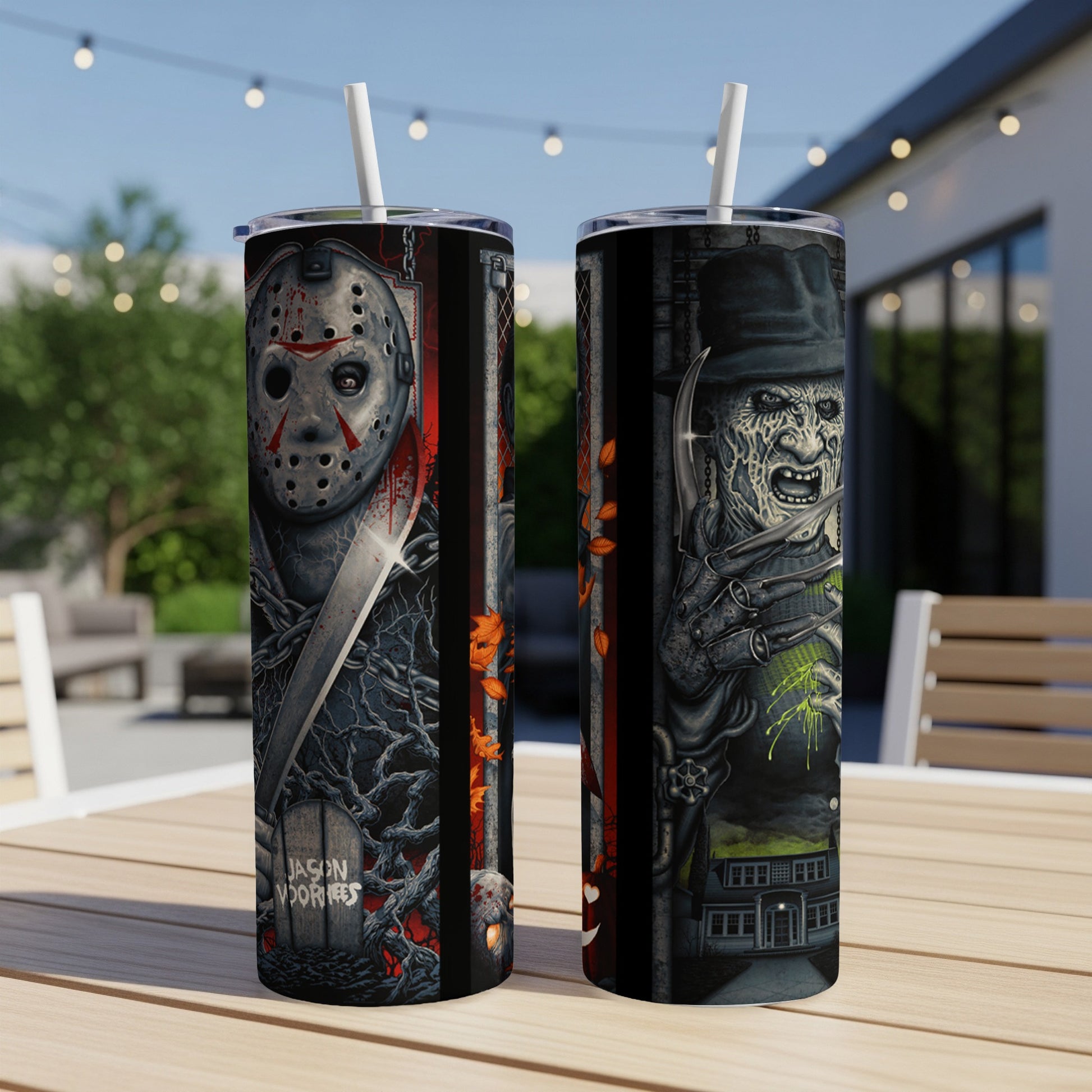 Tumblers featuring Jason Voorhees and Freddy Krueger horror characters.