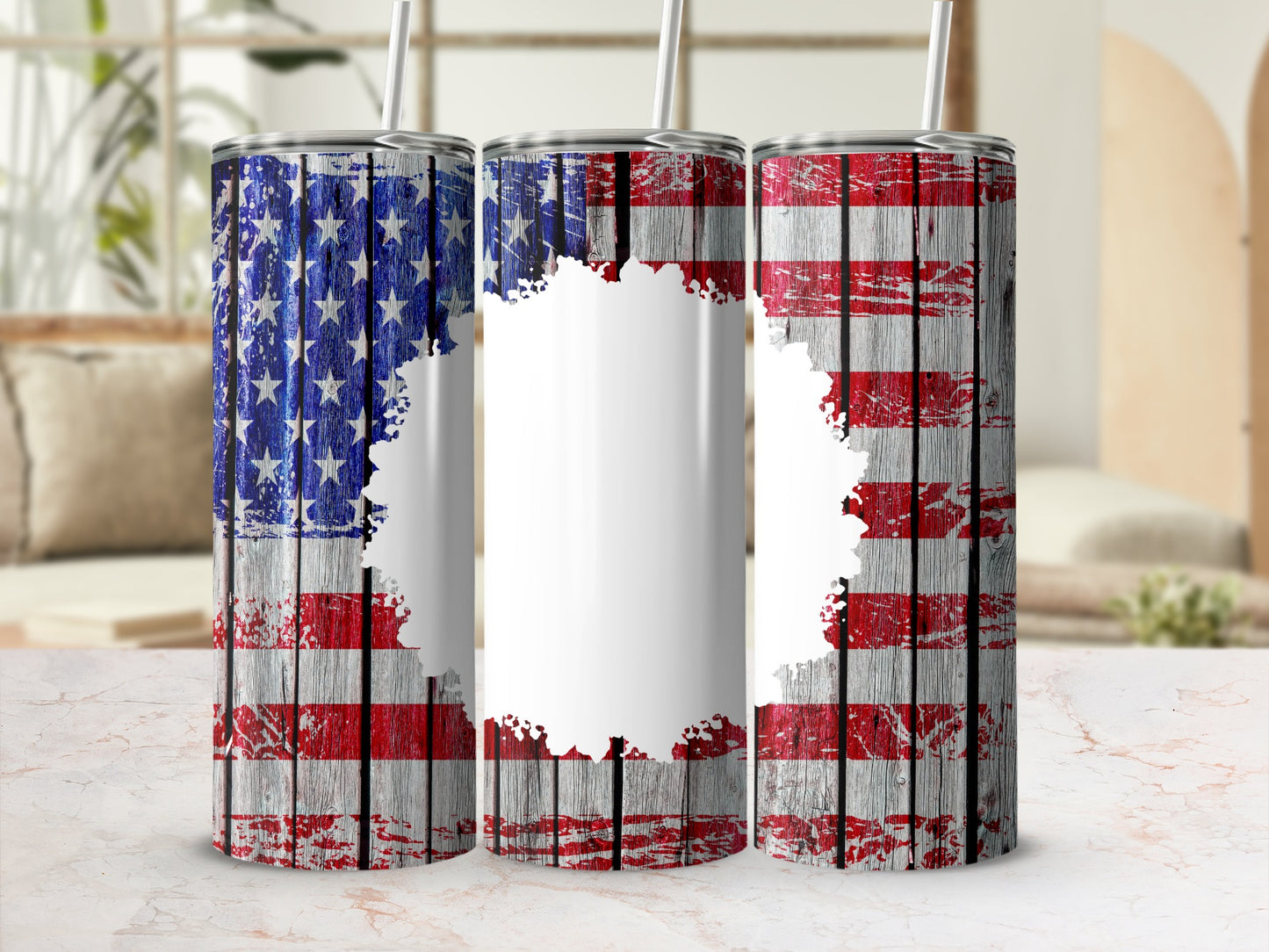 Three tumblers with distressed American flag design and white center panel.