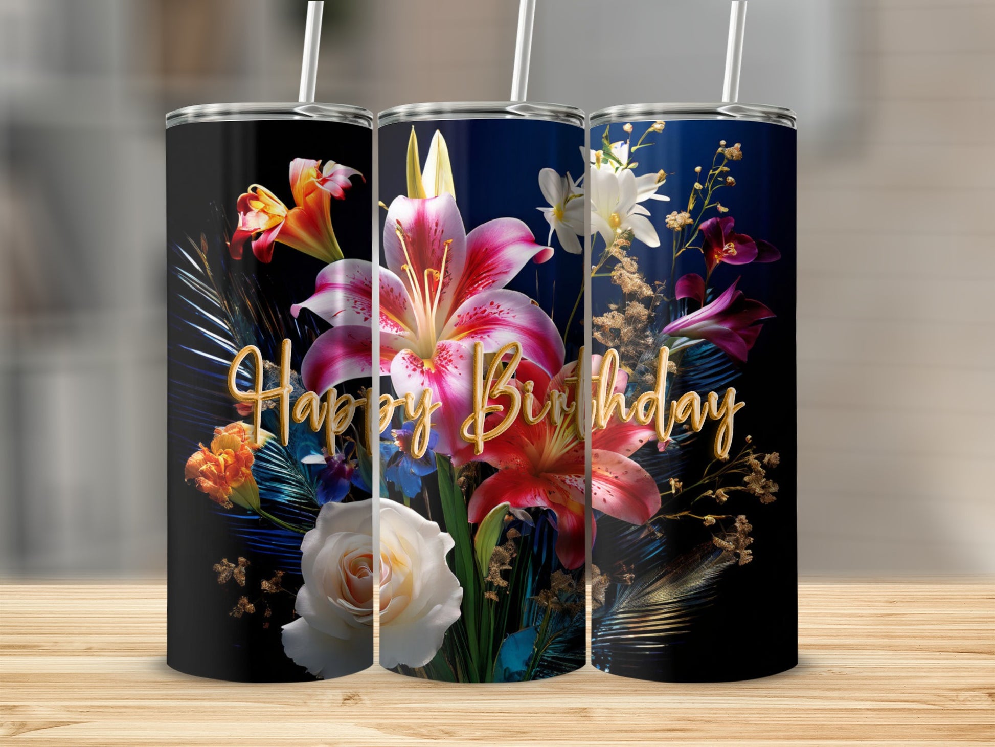 Three tumblers featuring floral designs and "Happy Birthday" text.