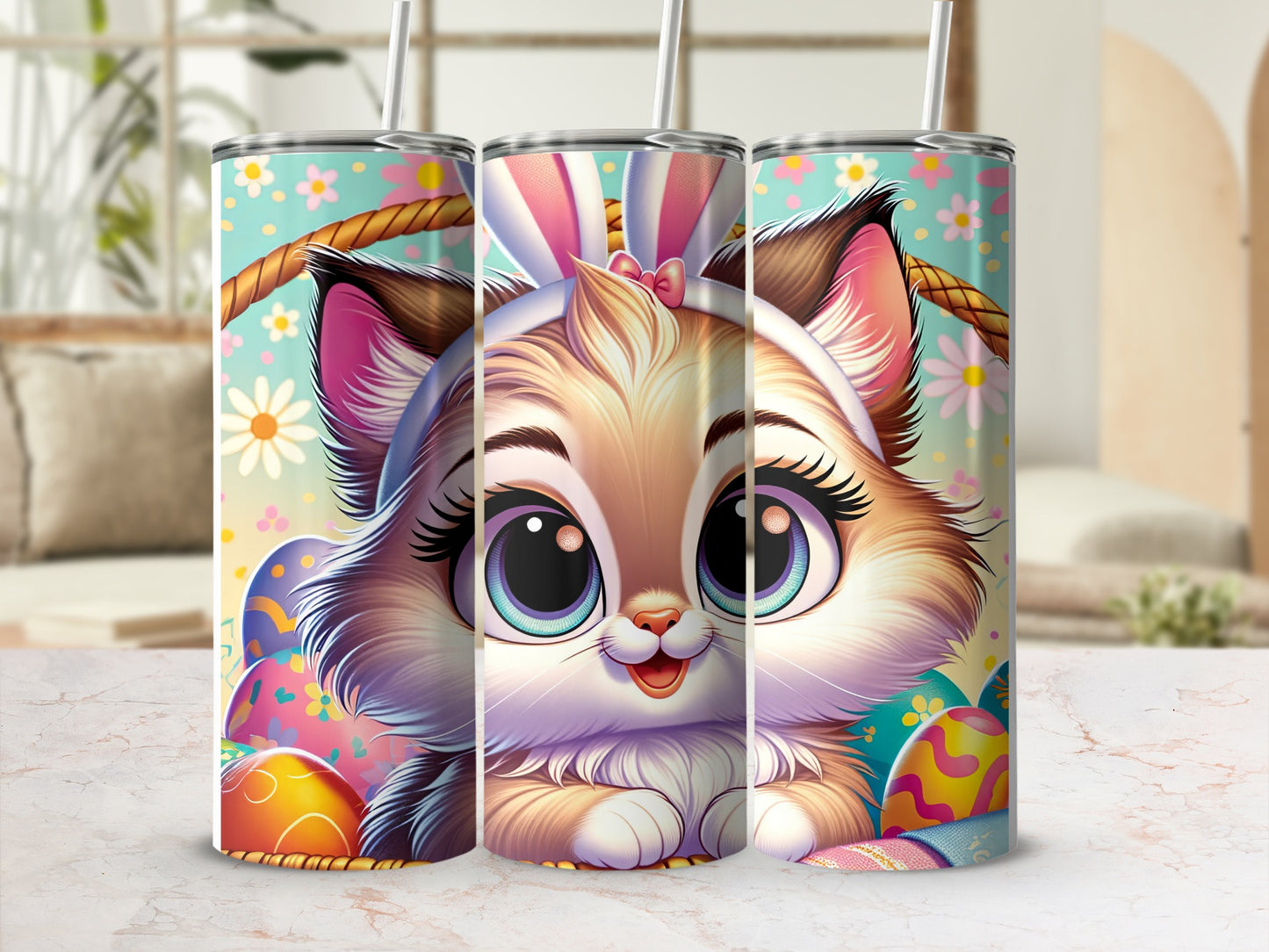 Kawaii kitten with bunny ears, Easter eggs, and flowers design on tumbler.