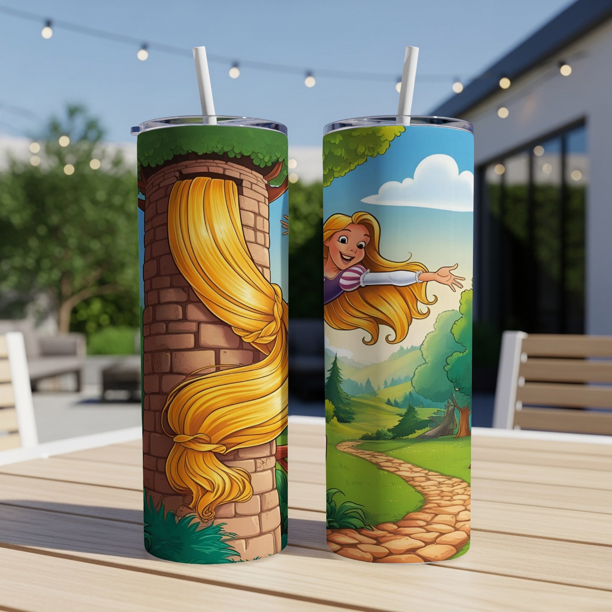 Rapunzel's long blonde hair spills from a tower onto a colorful landscape.