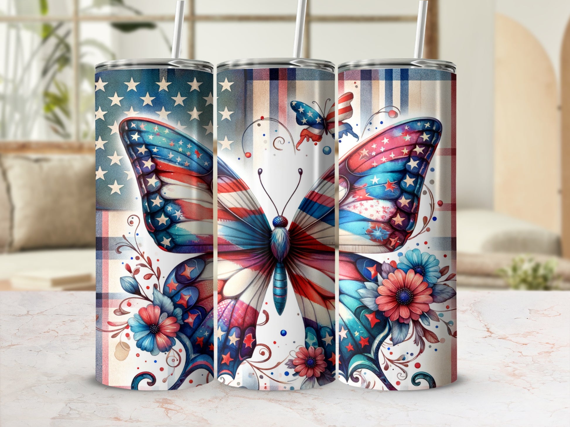 American flag butterfly with floral accents on a cylindrical tumbler.