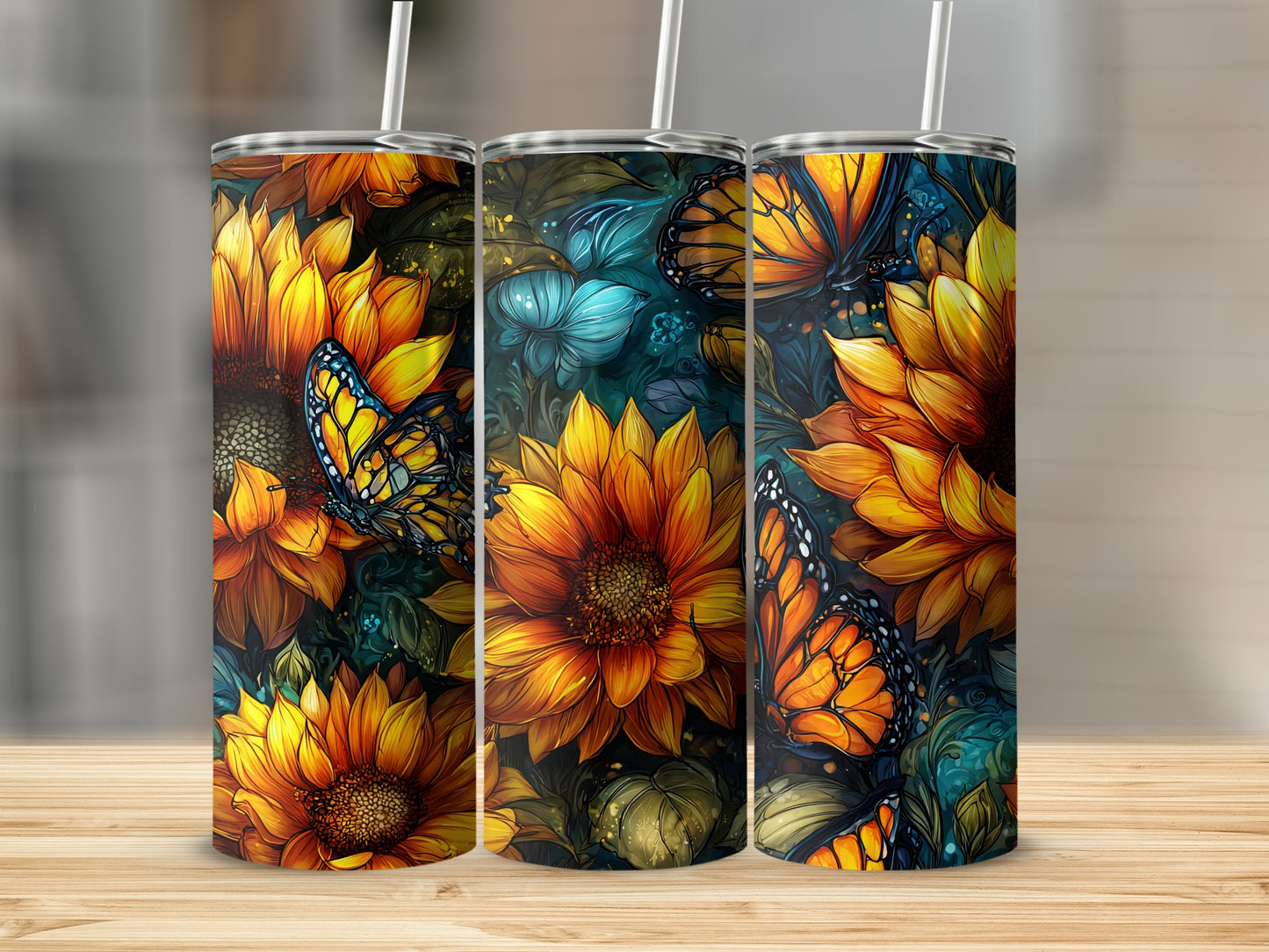 Vibrant Sunflower and Butterfly Themed Drinkware Cups