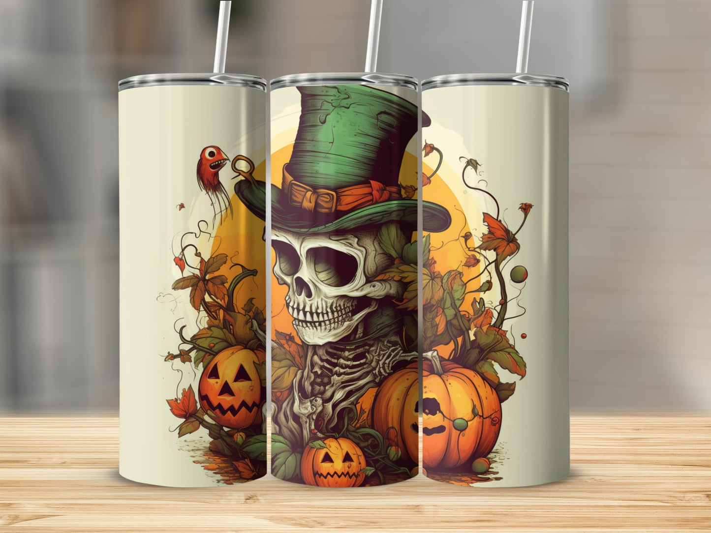 Halloween Skeleton in Top Hat with Pumpkin Tumbler