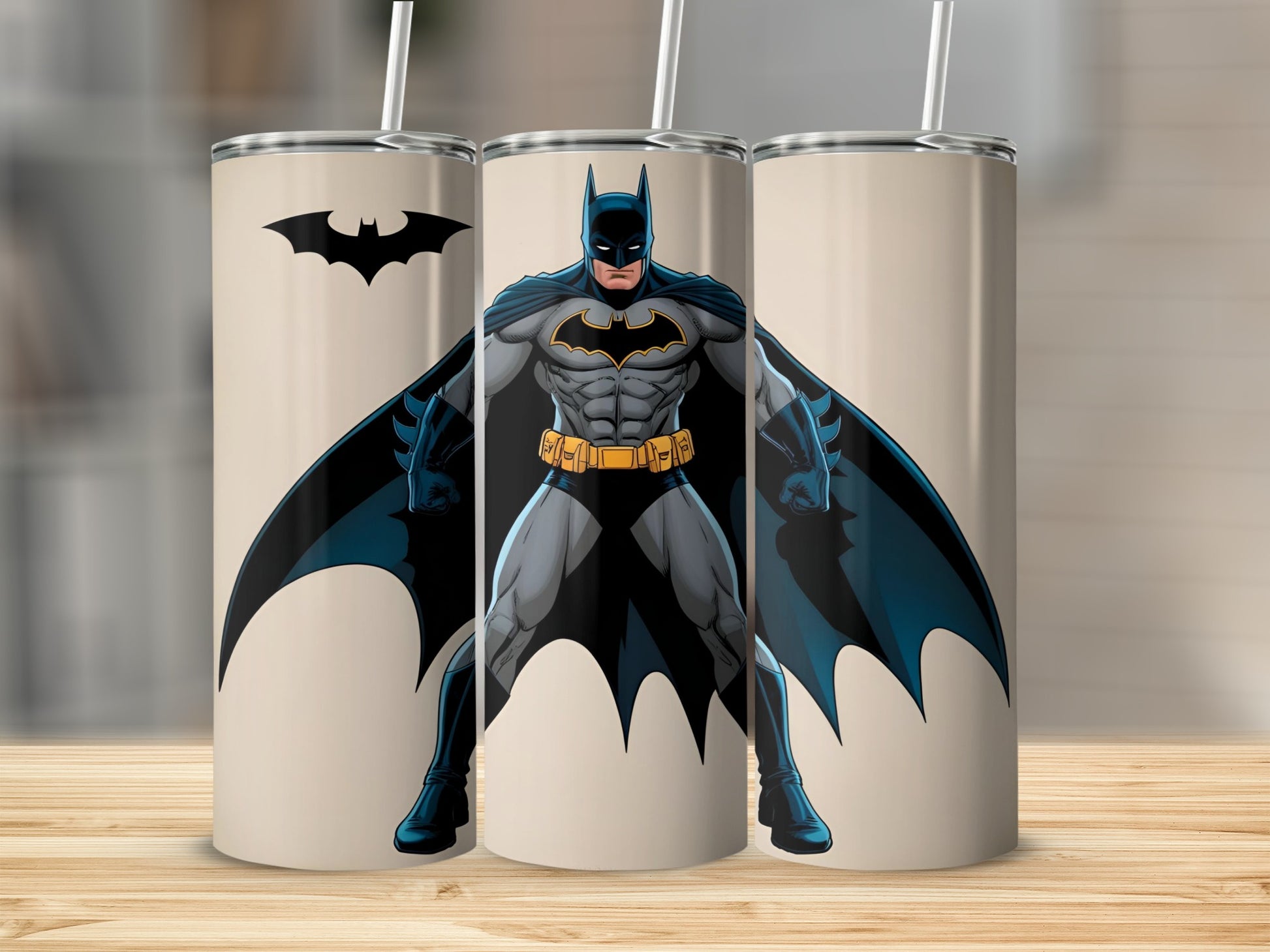 Batman character design on three matching tumblers.