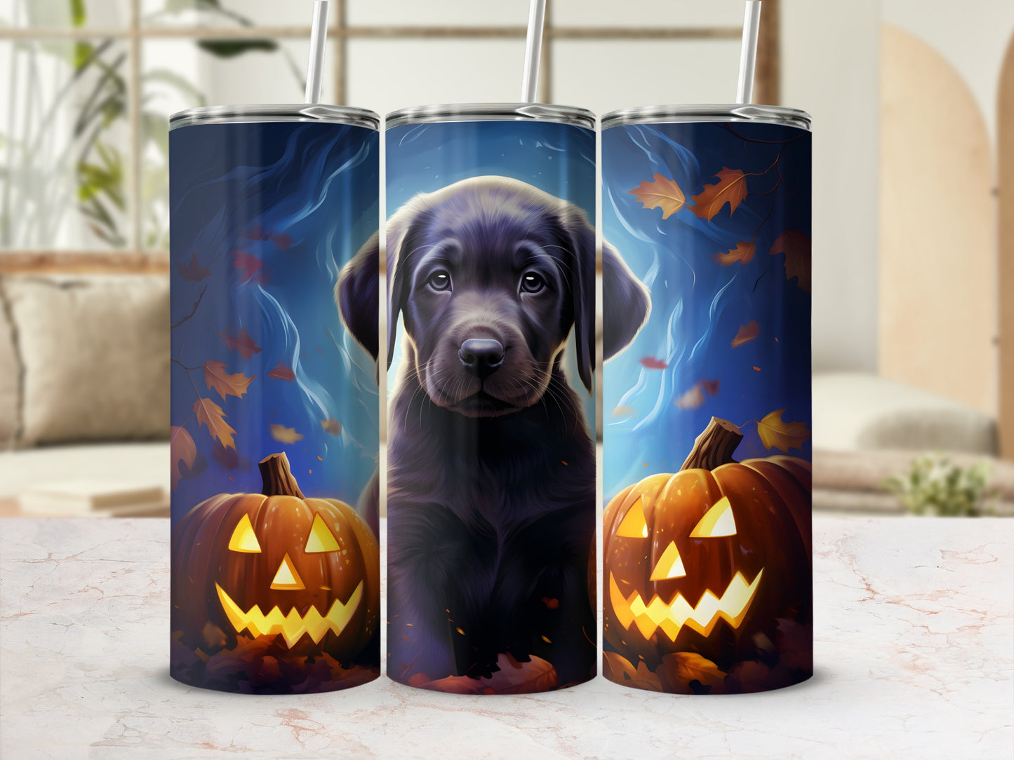 Three tumblers with black lab puppy and jack-o'-lantern Halloween design.