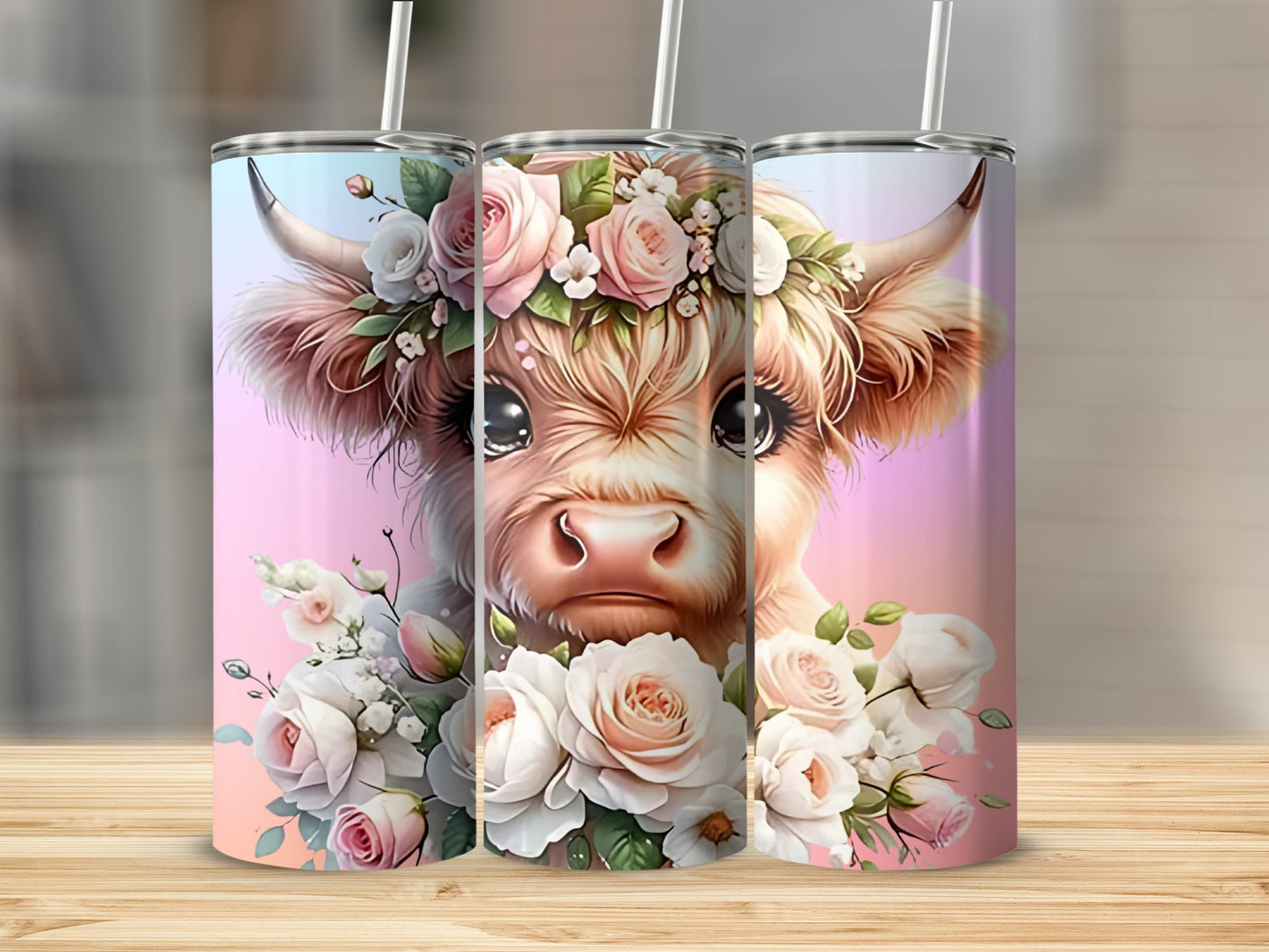 Floral Highland Cow Art Tumbler for Beverages