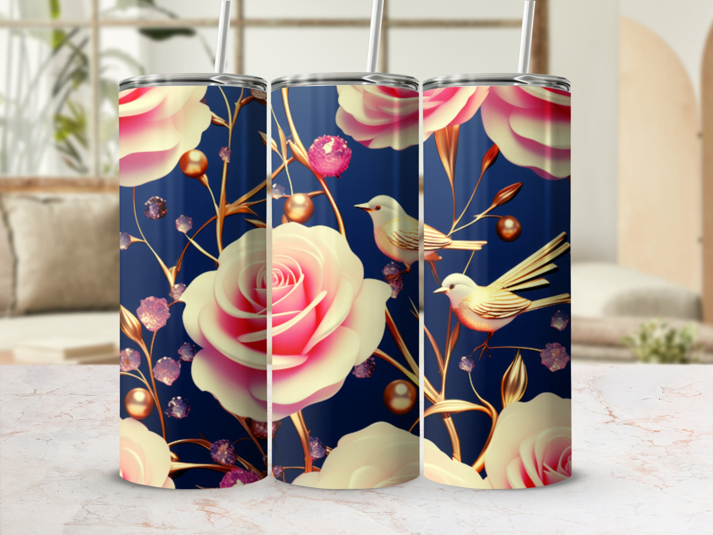 Three tumblers with pink roses, gold accents, and birds on a navy background.