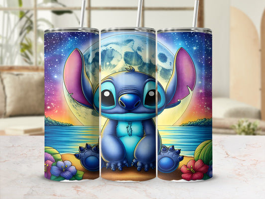 Stitch sitting on beach with moon and flowers, 20oz tumbler.