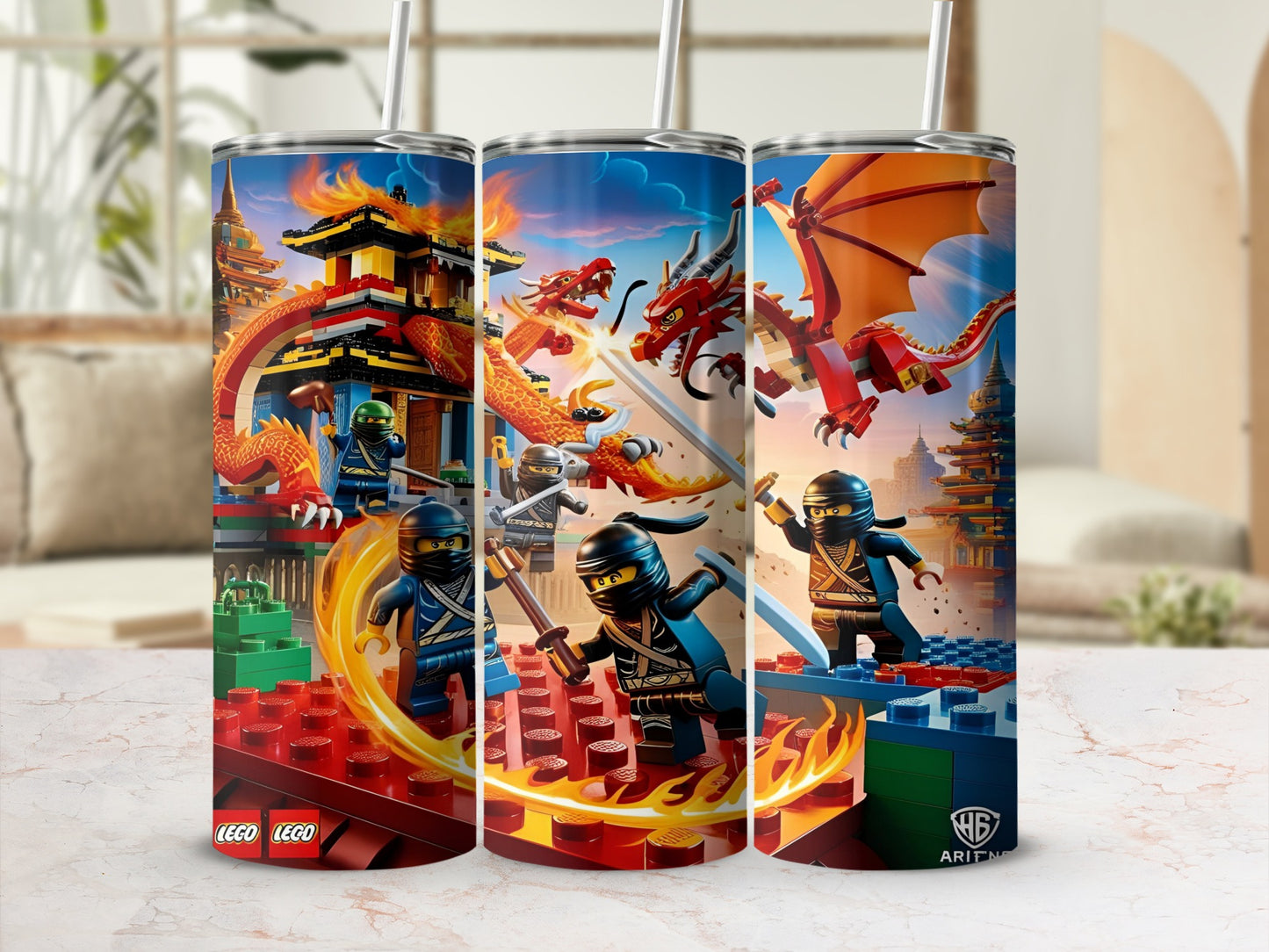LEGO Ninjago characters and dragon fighting in front of a temple on a tumbler.